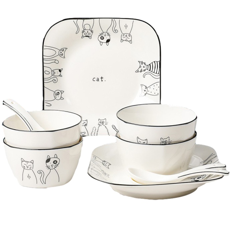 贝瑟斯 北欧卡通猫手绘10件套饭碗碟盘勺陶瓷餐具套装