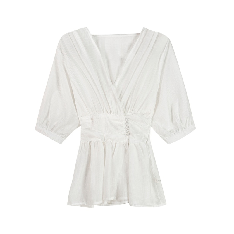 夏新款女式衬衫 休闲百搭收腰v领短袖衬衣