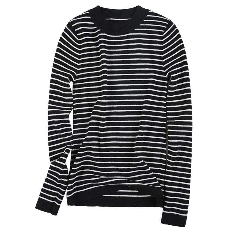 高梵(GOLDFARM)秋冬内搭女士羊毛衫条纹短款针织衫100%羊毛打底衫毛衣女