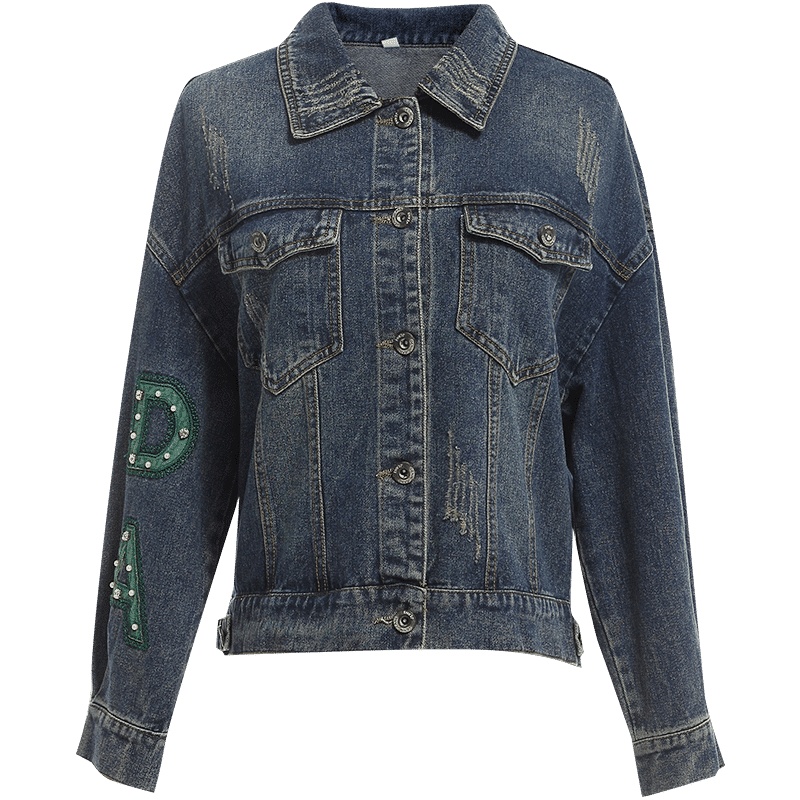 欧昵雪polo领钉珠字母贴布短款牛仔外套女显瘦上衣