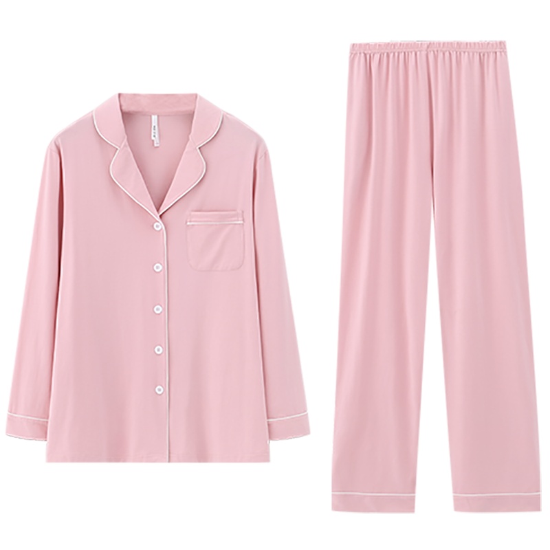 安之伴秋季纯棉长袖简约纯色休闲开衫家居服女士套装睡衣