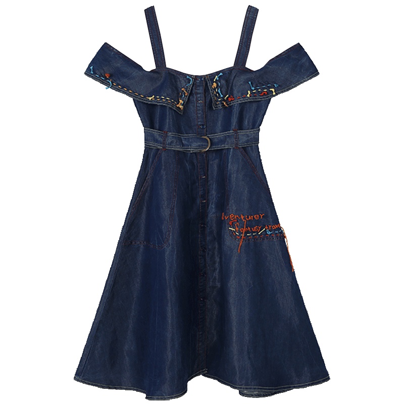 马克华菲女装2019夏新吊带一字肩牛仔连衣裙收腰学生大摆裙子