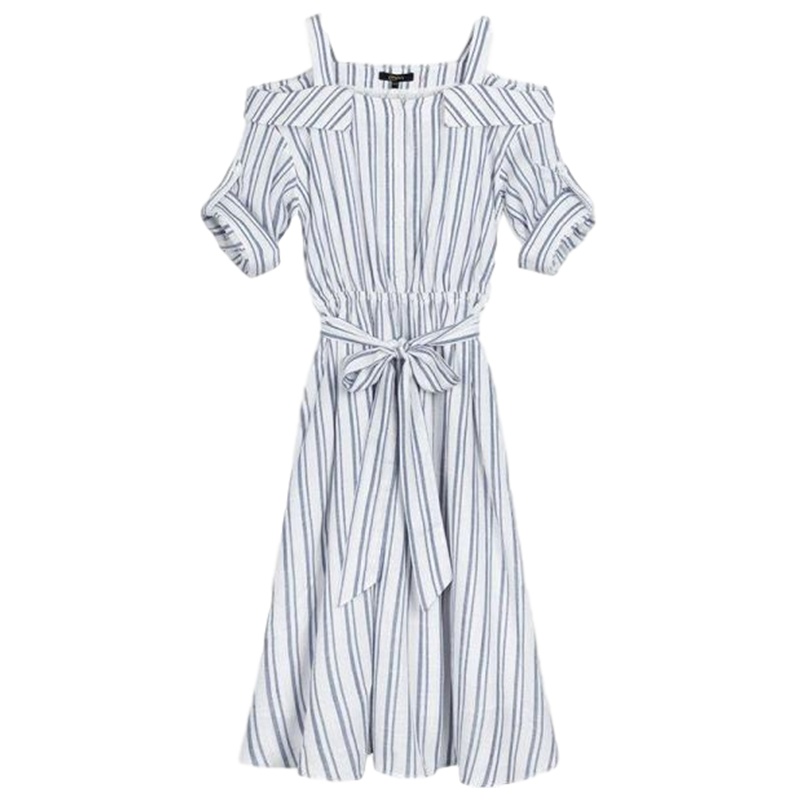 拉夏贝尔条纹连衣裙女露肩一字肩腰带收腰温柔清新甜美吊带裙