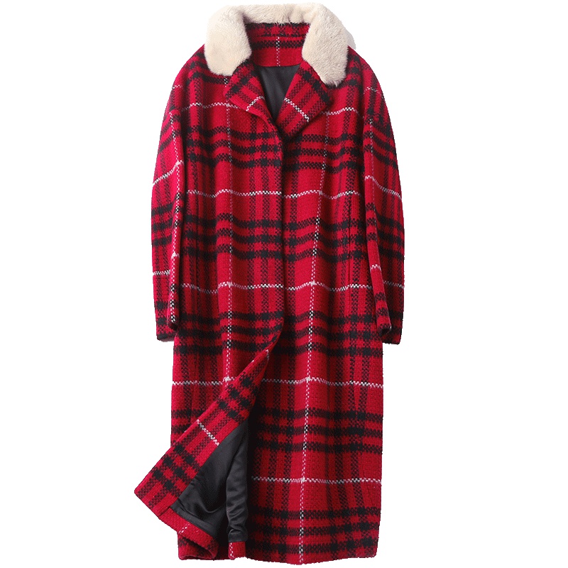 憨厚皇后海宁2019春季新款双面毛呢外套水貂毛韩版女士羊毛呢大衣