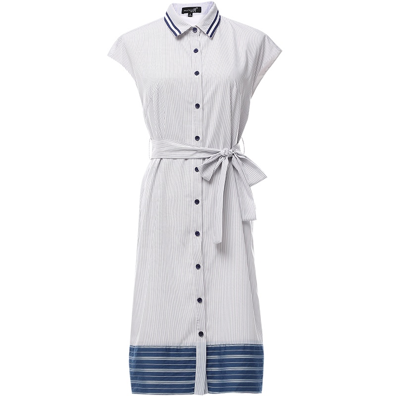 欧昵雪蝴蝶结绑带高腰短袖条纹衬衫连衣裙女中裙