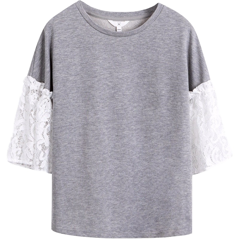 拉夏贝尔7M莫丽菲尔春季新款韩版宽松圆领蕾丝袖显瘦不规则拼接上衣T恤女70008813