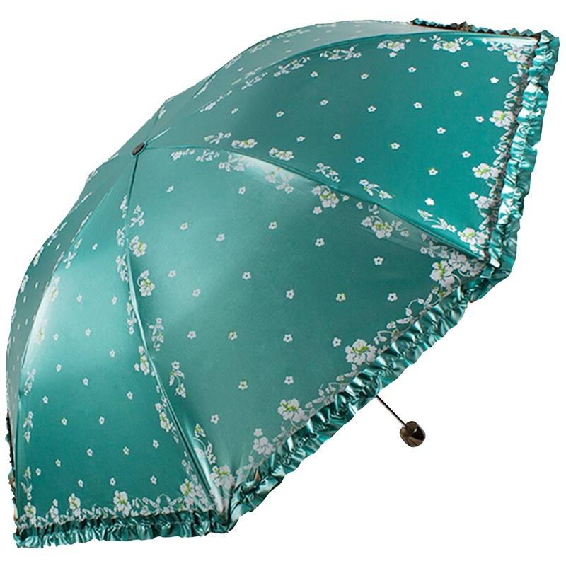 天堂伞 UPF50+双面柔粉亮胶丝印拼裙边三折晴雨伞太阳伞 湖绿 30049E
