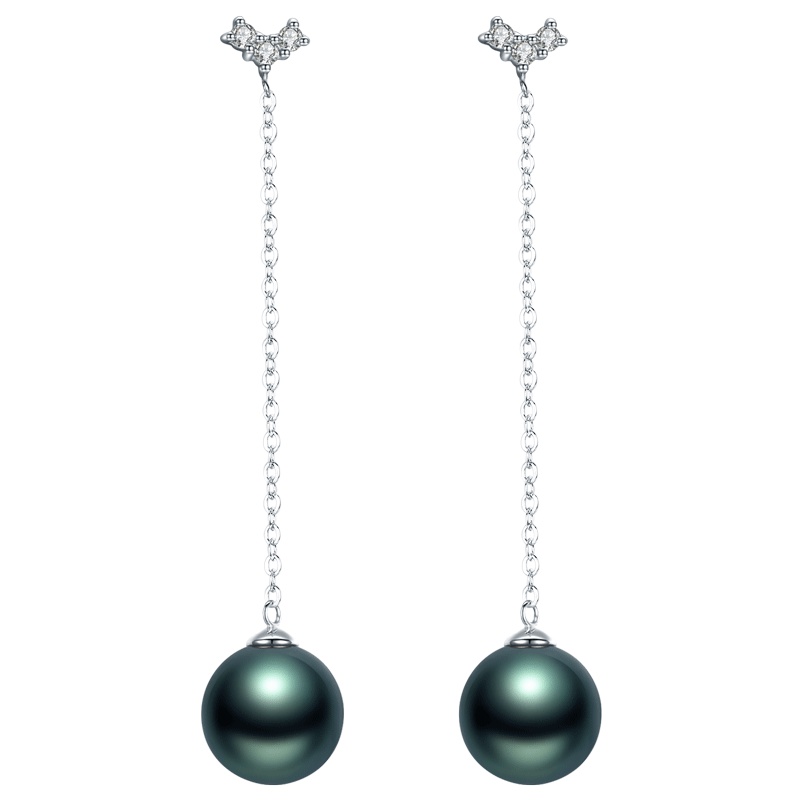 brir 佰色传情 正圆8-9mm长款大溪地黑珍珠耳饰耳钉女18K金钻石正品女