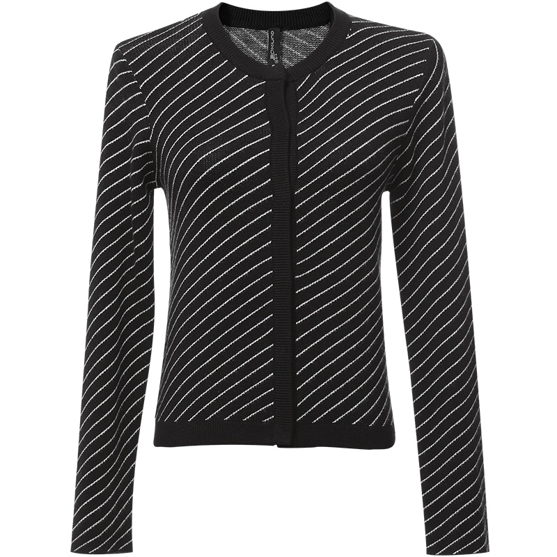 欧昵雪圆领条纹修身长袖针织衫外套女开衫毛衣