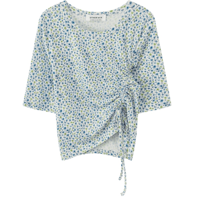 OtherMix碎花抽褶t恤女2021年夏季新款韩版圆领时尚短袖印花上衣