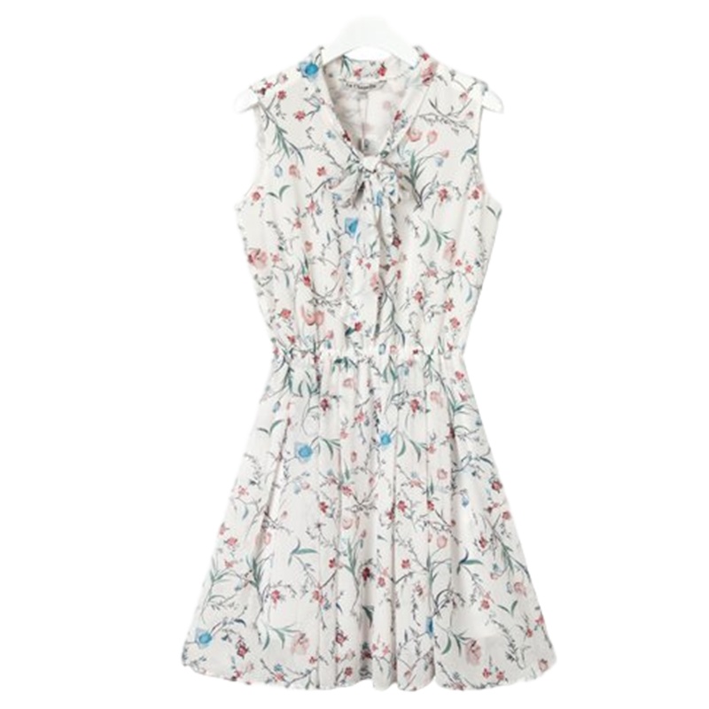 [LT新款]拉夏贝尔无袖夏系带收腰韩版短款宽松雪纺碎花仙女裙子连衣裙