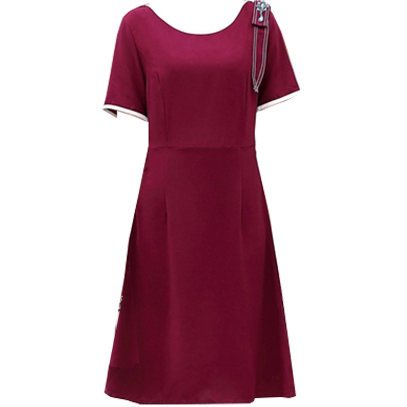 蓝旗(BLUEG)夏季新款妈妈装时尚洋气女士纯色圆领过膝连衣裙