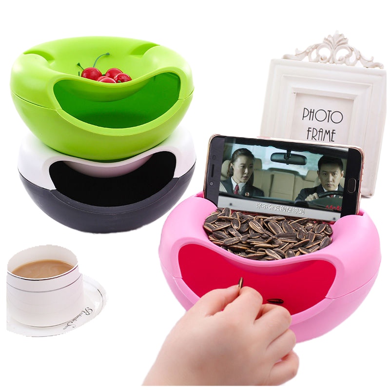 粉色+绿色 升级加大款(市面上所有型号手机通用) 懒人神器双层干果盘水果盘收纳盒懒人果盘瓜子盒床上零食瓜子盘