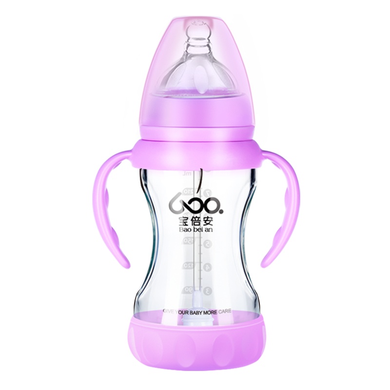 宝倍安(Bao bei an)婴儿防摔防爆宽口径硼硅玻璃奶瓶带手柄240ml紫色 配十字奶嘴