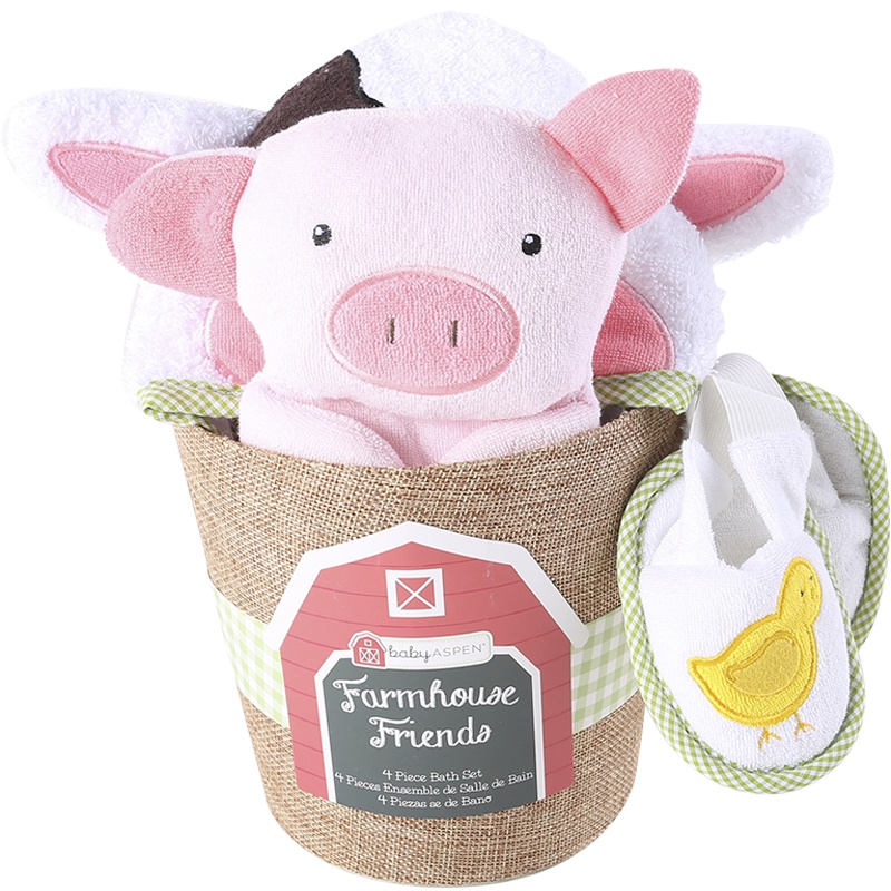 BabyAspen 新生儿洗澡用品套装 宝宝纯棉连帽毛巾料浴巾礼品四件套 浴巾一件、鞋子一双、搓澡巾一个、玩具小桶一小