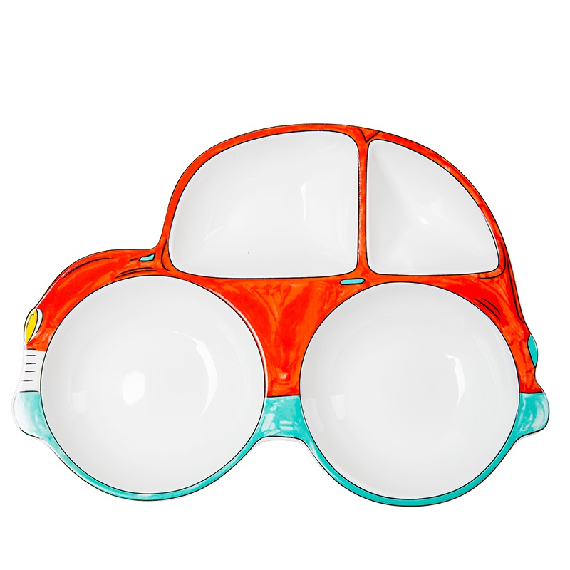 乐享儿童餐具分餐盘格创意卡通陶瓷宝宝吃饭碗家用吃饭盘子勺叉盘3件套 红色轿车盘