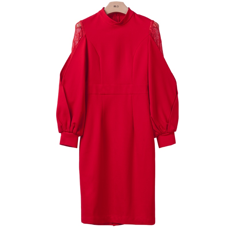 晩白 新品通勤简约纯色立领蕾丝袖收腰中长款包臀连衣裙女