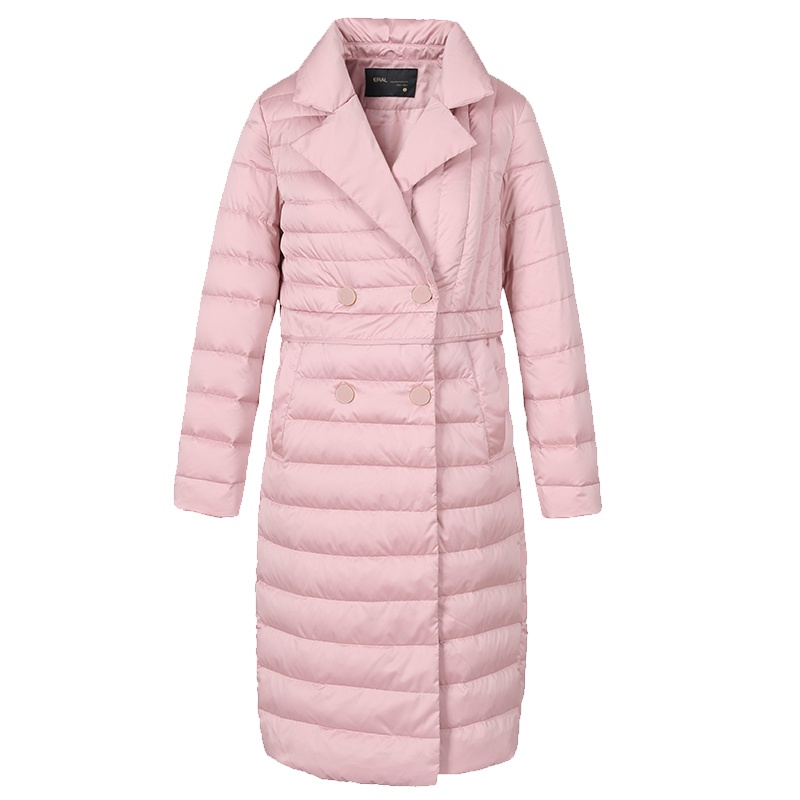 艾莱依2019秋冬新款翻领双排扣白鸭绒中长款羽绒服女