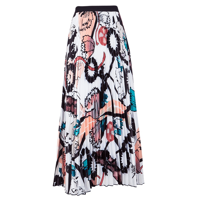 晚白2019新品时尚百搭复古印花松紧高腰长款A字百褶半身裙女