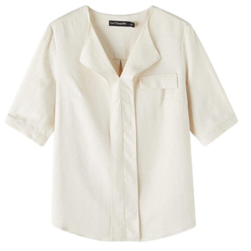 拉夏贝尔新款女装夏季v领半袖休闲衬衫雪纺复古时尚仙女上衣