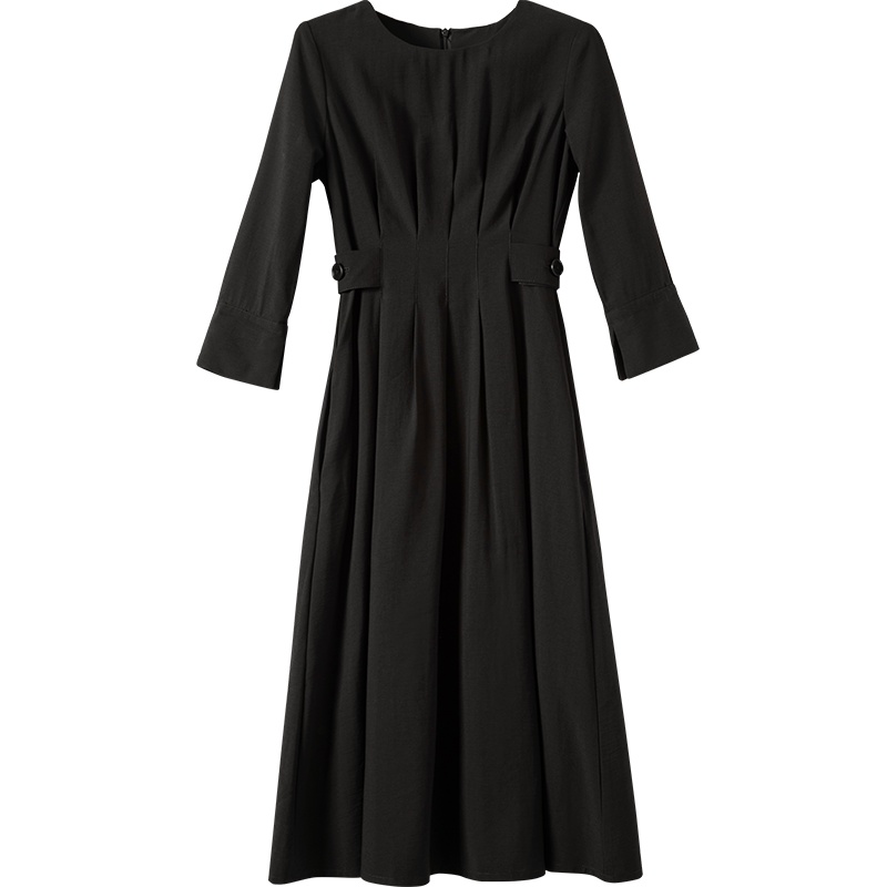 晚白2021春季新品通勤简约百搭纯色修身显瘦圆领高腰A字连衣裙女