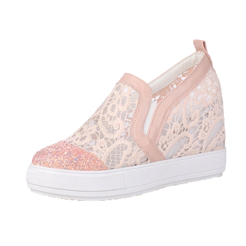 金狒狒新款休闲鞋女内增高透气蕾丝网面女鞋平底乐福鞋厚底鞋