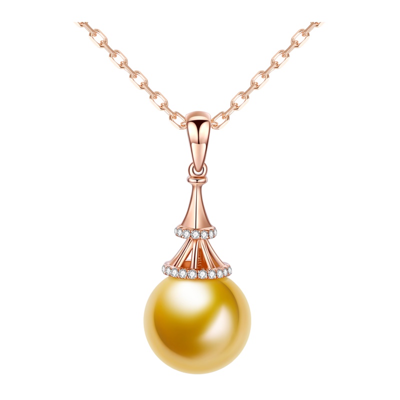 brir 佰色传情9-10mm正圆强光海水珍珠南洋金珠吊坠18K金钻石正品