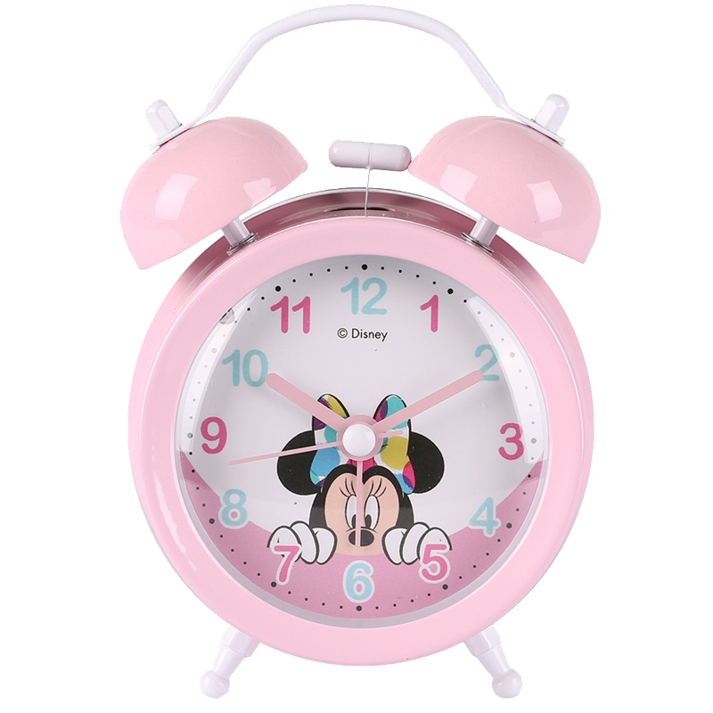 迪士尼(DISNEY)儿童闹钟学生女时尚夜光静音女孩卧室床头电子钟个性可爱卡通亮灯座钟小孩女童石英钟金属打铃响铃
