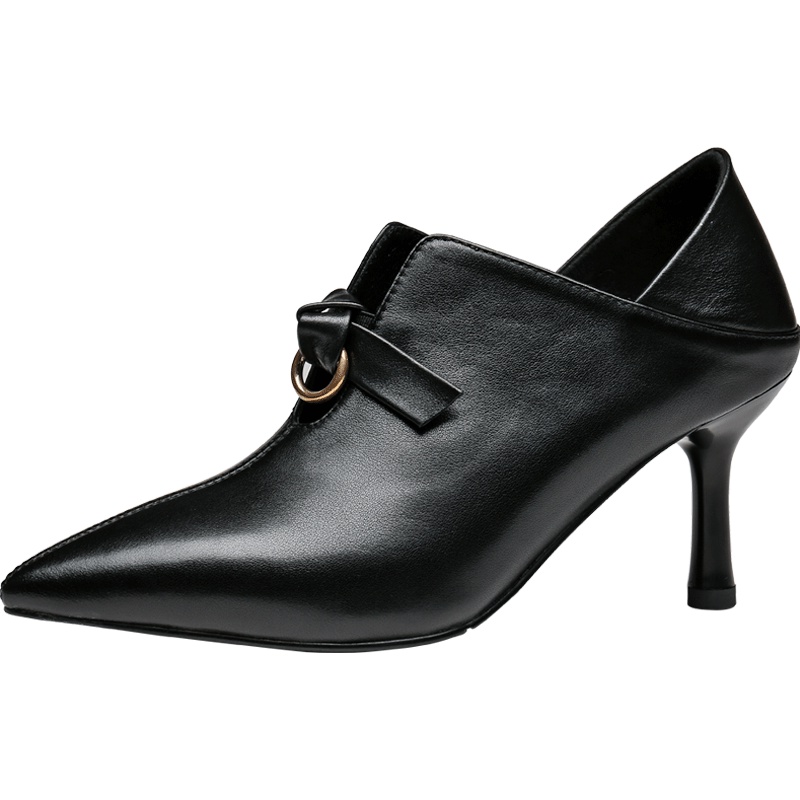 红蜻蜓女鞋秋季头层牛皮尖头蝴蝶结细跟高跟鞋套脚宴会单鞋子