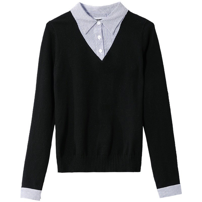 OSA欧莎黑色假两件慵懒风外穿长袖针织衫上衣女春秋季2021年新款