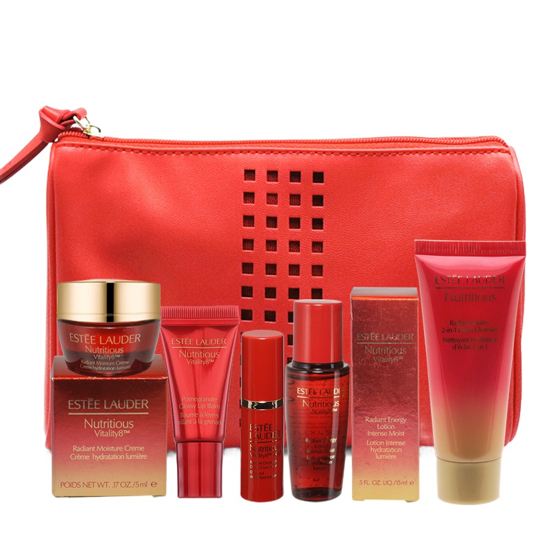 雅诗兰黛红石榴鲜亮焕采系列小样 女士护肤旅行套装 6件套装(面霜+眼霜+洁面+精华水+口红+化妆包)