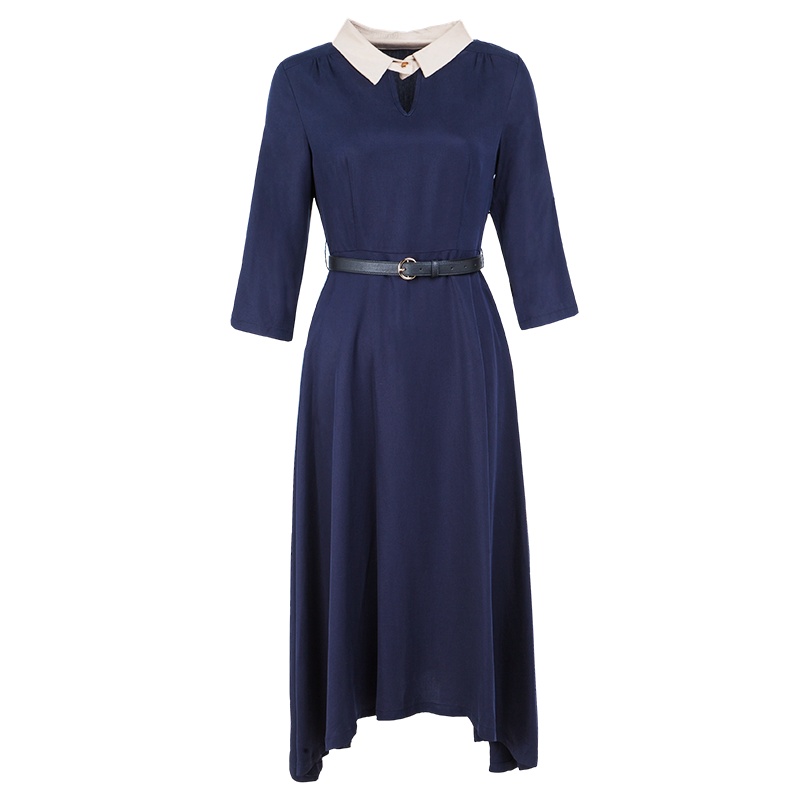 晩白 新款知性优雅收腰系带A字大摆纯色飘逸连衣裙女