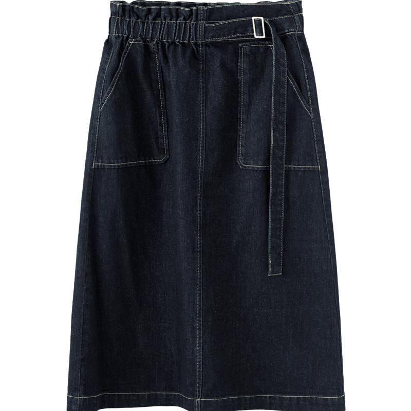 茵曼半身裙2019秋季新款橡筋腰A字百搭口袋文艺复古牛仔中长裙女