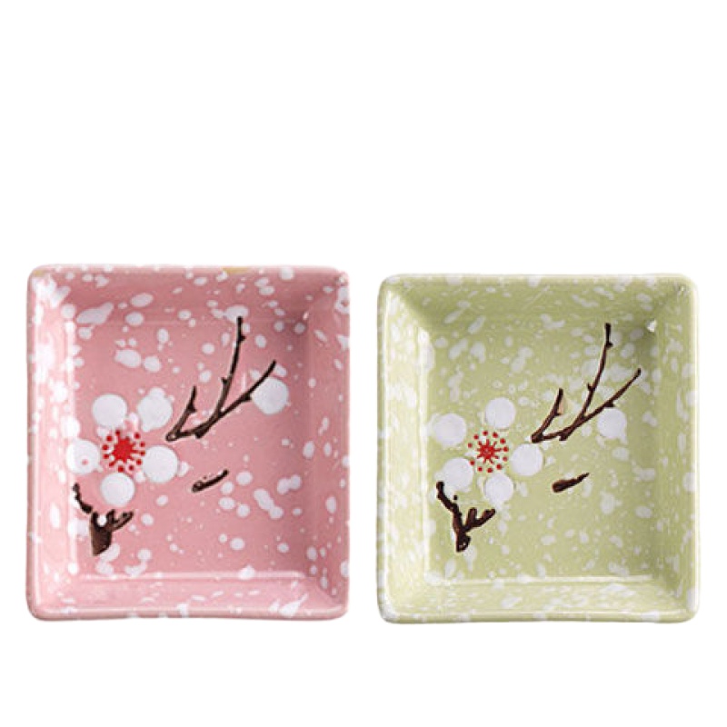 雪花陶瓷小碟子日式餐具醋碟家用酱油调味碟蘸料碟小吃盘子 [粉+绿]2个装 梅花