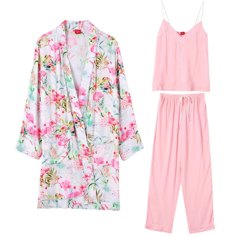 雪仙丽2019新款吊带睡衣女士春夏季长袖红色睡袍宽松时尚三件套装