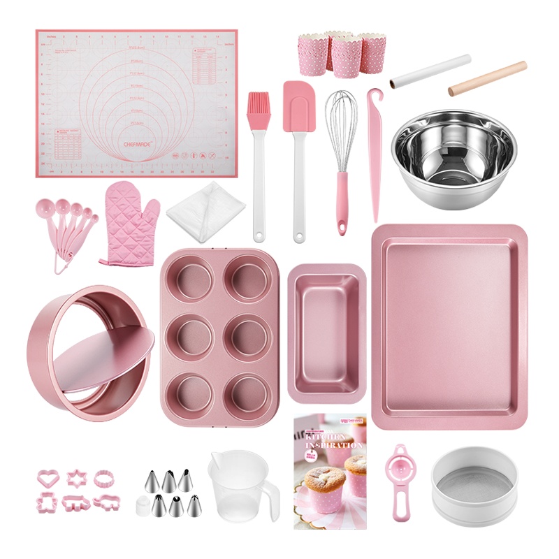 学厨 CHEFMADE 烘焙工具套装 蛋糕模具碳钢材质 蛋糕模具烤盘饼干烘培工具套装粉色 厨房工具WK9434