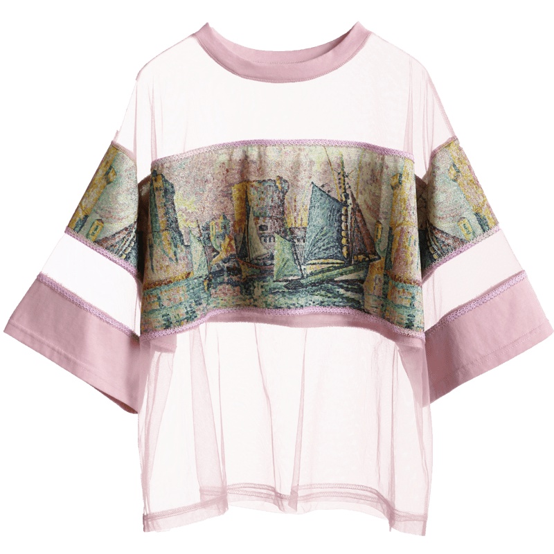 裂帛圆领印花中袖T恤新款露肩透视性感纱半袖上衣