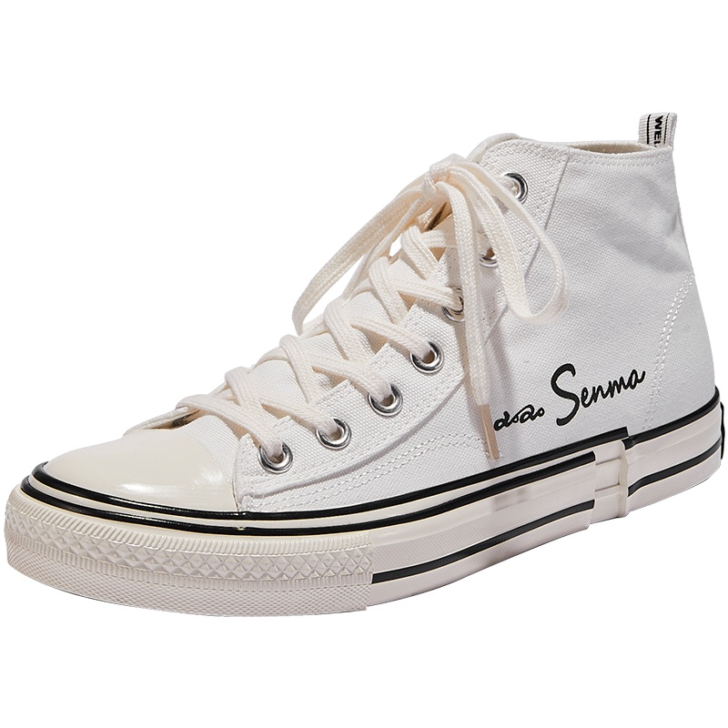 森马情侣鞋情侣款百搭潮鞋夏季透气平底休闲板鞋黑色高帮帆布鞋子