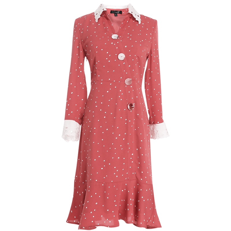 欧昵雪绣花翻领修身九分袖波点连衣裙女荷叶边鱼尾裙