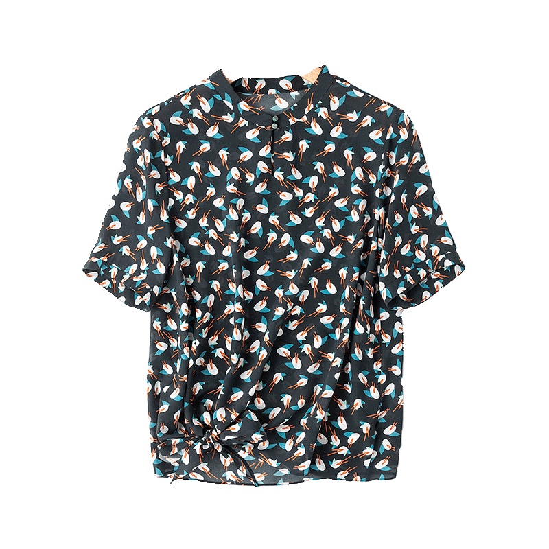 VINCIFAM真丝t恤短袖2019夏新款桑蚕丝上衣女时尚碎花衬衫印花