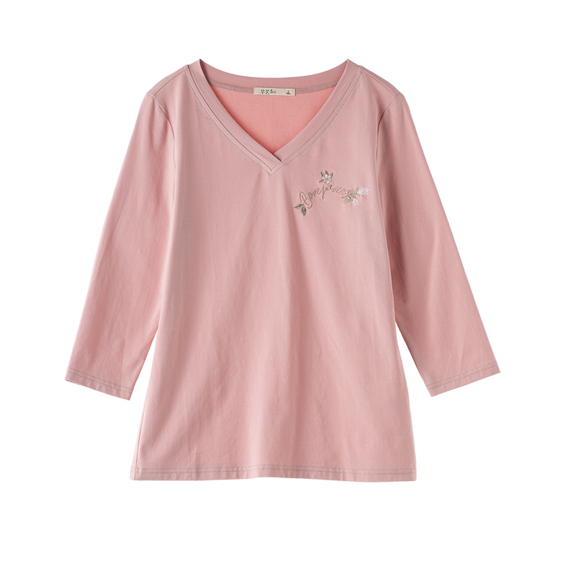 芊艺粉色中袖t恤女秋装2019新款韩版显瘦v领套头ins上衣小清新体恤10285