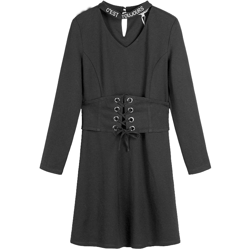 拉夏贝尔秋冬女装新款淑女长袖纯色系带裙子收腰显瘦v领连衣裙女10014117