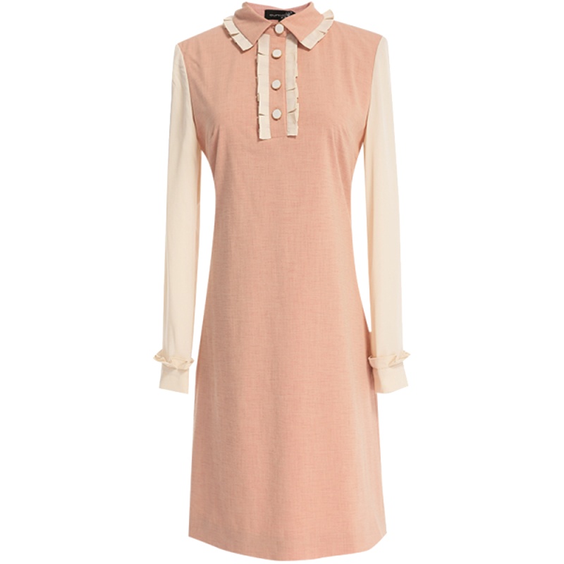 欧昵雪时尚拼接气质淑女木耳边polo领短裙女长袖直筒连衣裙