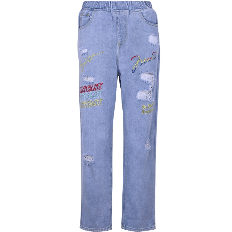 a02新款2020潮流少女字母刺绣印花磨毛破洞牛仔裤女DTV2D0141PN