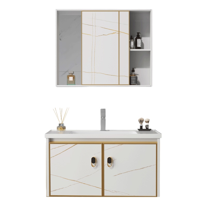 OSHUOMEI/欧硕美 太空铝岩板浴室柜 卫生间一体平面陶瓷洗手盆柜组合 卫浴洗漱台平面洗脸盆小户型推拉镜柜组合