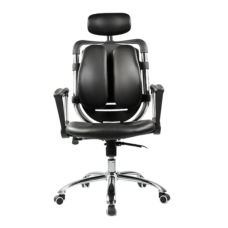 [理政]办公椅 办公电脑椅 转椅 皮质椅 带头枕椅 人体工学椅 可旋转带滚轮 黑色