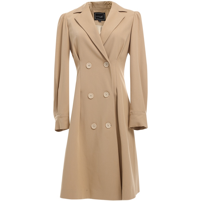 欧昵雪气质双排扣收腰连衣裙女长袖风衣式中裙