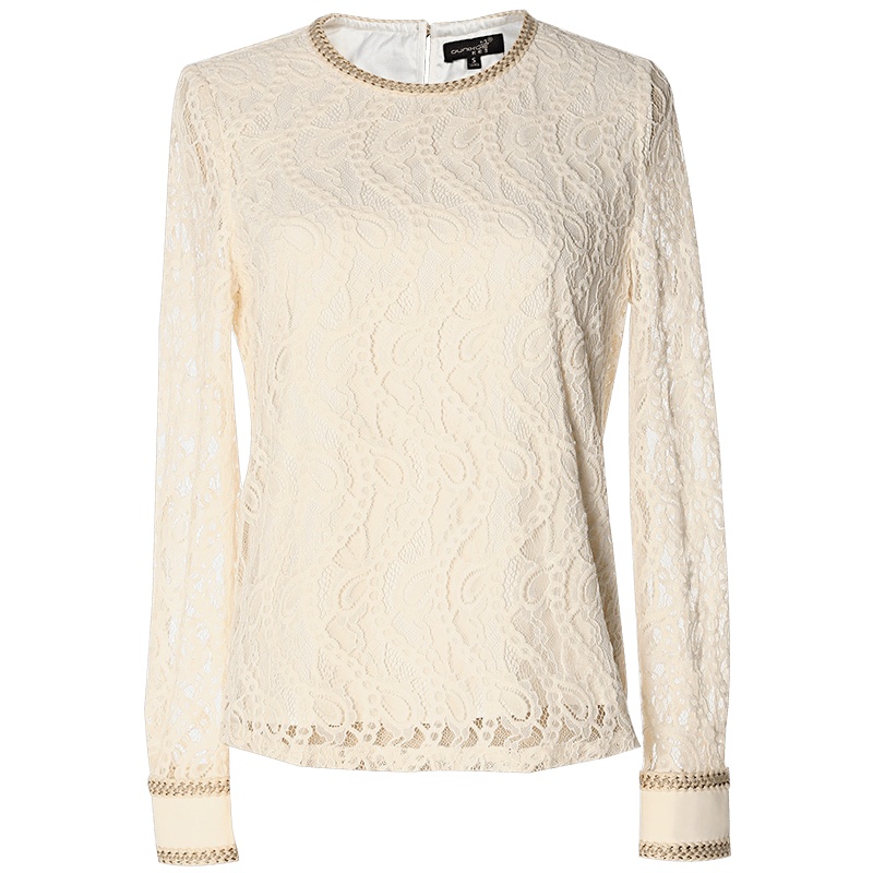 欧昵雪秋季圆领织带长袖直筒镂空蕾丝衫女套头上衣女