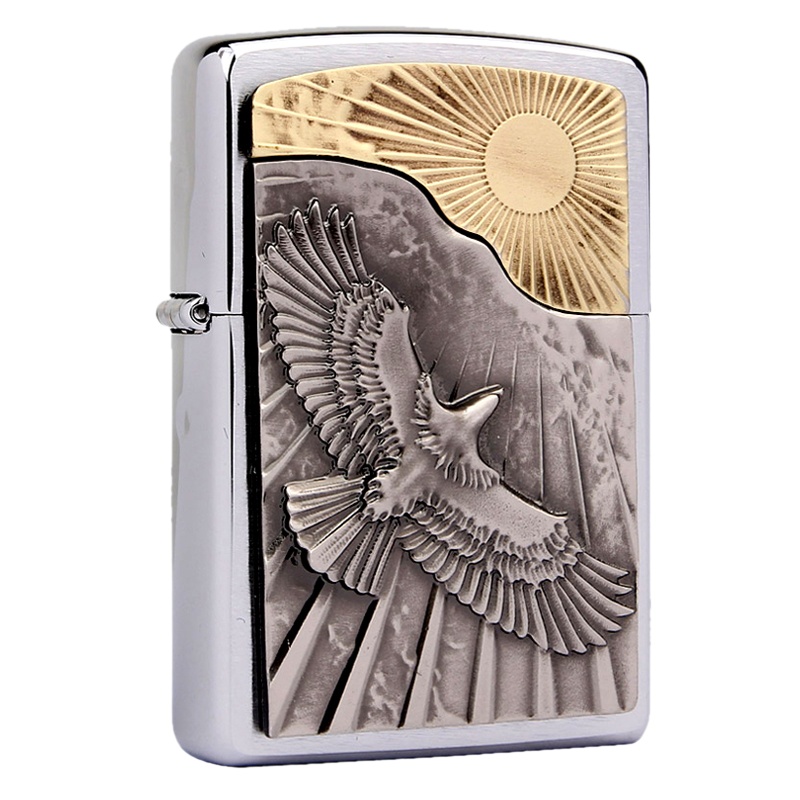 美国ZIPPO打火机 芝宝 镀铬拉丝欧版贴章 展翅未来 云霄迎日 欧版