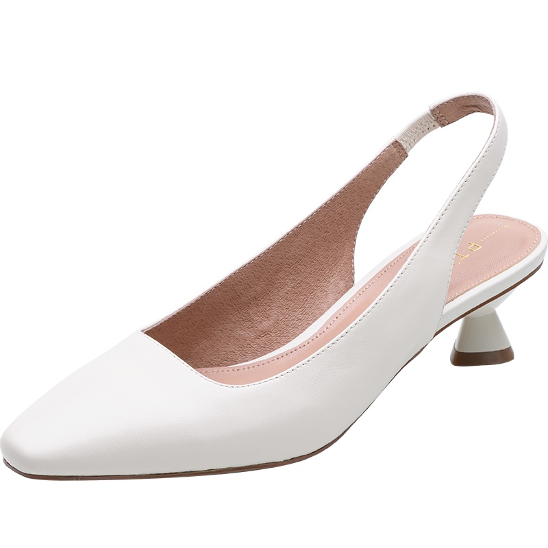 百田森2021春夏商场同款羊皮单鞋女后空半包头凉鞋女粗跟中跟方头